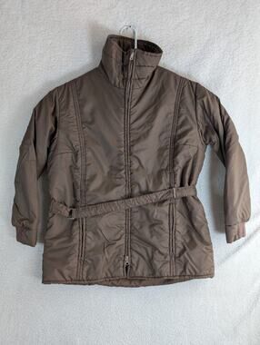 Vintage Penneys Jacket Nylon Womens Large Brown Poly Fill Belted 50s 60s